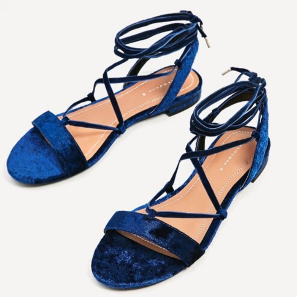 Zara Blue Strappy Sandals with Lace-Up Design